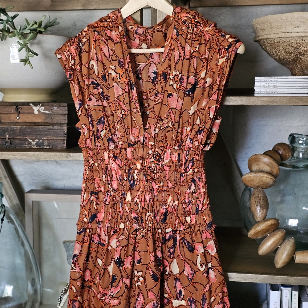A.L.C. Lucia Corset Waist Cotton Floral Midi Dress Size 0 Bronze Navy Coral - Picture 2 of 14